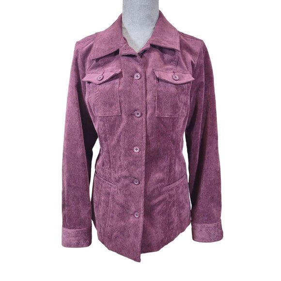 Croft & Barrow Plum Corduroy Jacket Button Front Collared Pockets Stretch Medium - Picture 1 of 9